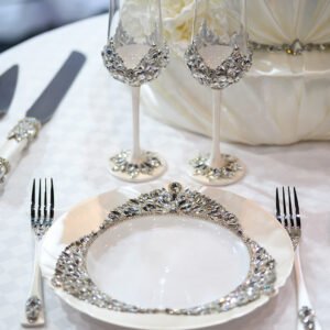 Ethereal collection classic set with crystal champagne flutes, matching dinner plate, and crystal-handled cake server and fork